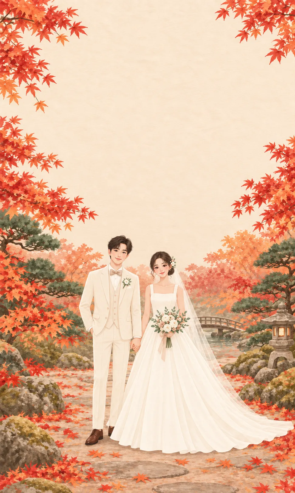ภาพวาดคู่บ่าวสาวสวนใบไม้แดง