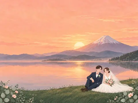 ภาพวาดคู่บ่าวสาวริมทะเลสาบฟูจิ